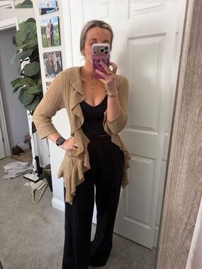 Cupio Camel Ruffled Open-Front Knit Cardigan